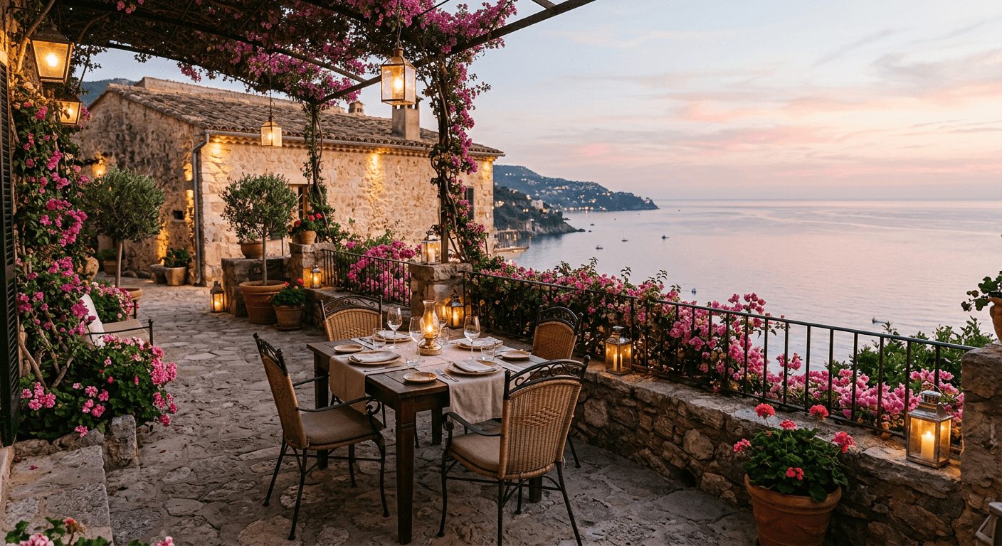 Terrasse en pierre au crépuscule face à la mer